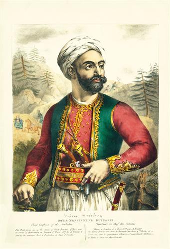 Notis (Konstantinos) Botsaris, Chief Captain of Souliotes during the Greek War of Independence. Handpainted lithograph by Adam Friedel from the album &quot;The Greeks. Twenty four portraits of the principal leaders and personages who have made themselves most 