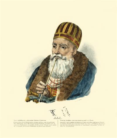 Ali Pasha Tepedelenli, Vizier of Albania, known as Pasha of Ioannina. Handpainted lithograph by Adam Friedel from the album &quot;The Greeks. Twenty four portraits of the principal leaders and personages who have made themselves most conspicuous in the Greek R