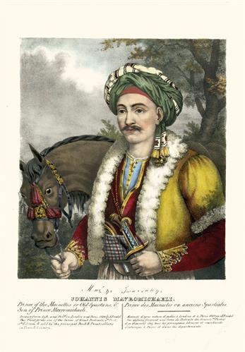 Ioannis Mavromichalis, Petrobey&#039;s son and a fighter during the Greek War of Independence. Handpainted lithograph by Adam Friedel from the album &quot;The Greeks. Twenty four portraits of the principal leaders and personages who have made themselves most conspi