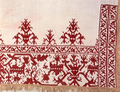 Sheet from Ios (cross stitch on woven cotton) depicting &quot;trees of life&quot;, ships and double-headed eagles, worked in red undrawn silk, 19th century.