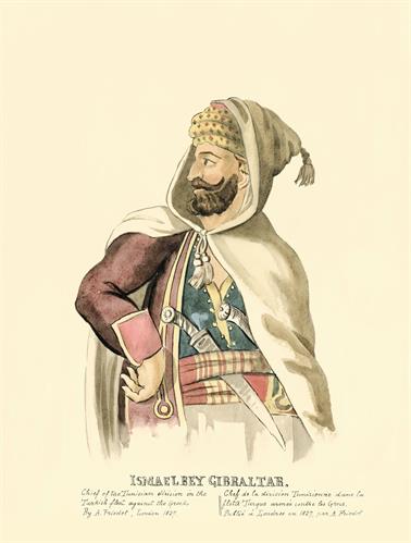 Ισμαήλ Μπέη Γιβραλτάρ, επικεφαλής του αιγυπτιακού στόλου εναντίον των Ελλήνων. Υδατογραφία σε χαρτί του Adam Friedel, Λονδίνο, 1827.