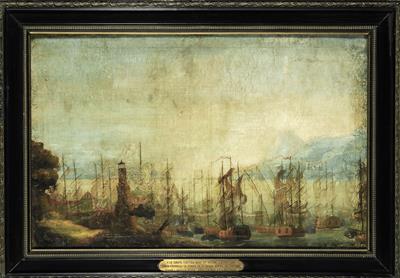 &quot;Η ΕΝ ΤΑΙΝΑΡΩ ΤΕΛΕΥΤΑΙΑ ΜΑΧΗ ΤΟΥ ΚΑΤΣΩΝΗ 6 ΙΟΥΛΙΟΥ 1792&quot;. Γαλλικά και τουρκικά πλοία πολιορκούν το στολίσκο του Λάμπρου Κατσώνη στο Πορτο Κάγιο της Μάνης το 1792. Ελαιογραφία σε μουσαμά, αγνώστου, 19ος αι.