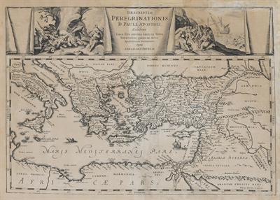 &quot;DESCRIPTIO PEREGRINATIONIS D. PAULI, APOSTOLI, Exhibens Loca fere omnia tam in Novo Testamento quam in Actis Apostolorum memorata&quot;. A map showing the areas visited by the Apostle Paul during his tour. Black and white engraving, Abraham Ortelius, Petrus K