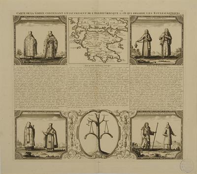 &quot;CARTE DE LA GRECE CONTENANT L&#039; ETAT PRESENT DE L&#039; EGLISE GRECQUE &amp; CE QUI REGARDE LES ECCLESIASTIQUES.  Papas Grec en habits Sacerdotaux. - Diacre et Soudiacre Grecs. - Evesque Grec donnant la Benediction. - Cloches des Caloyers. - Eveque qui benit les E