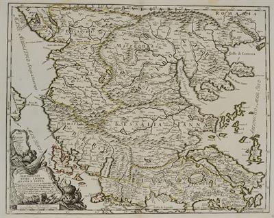 &quot;MACEDONIA EPIRO LIVADIA ALBANIA ET IANNA&quot;. Χάρτης που αποδίδει τις περιοχές της Μακεδονίας, της Ηπείρου, της Λειβαδιάς, της Αλβανίας και των Ιωαννίνων. Ασπρόμαυρη χαλκογραφία με επιχρωματίσεις, Giacomo Cantelli da Vignola, Gio. Giacomo de Rossi, Fran.us 
