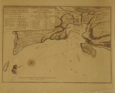 &quot;LA DESTRUCTION DE LA FLOTTE OTTOMANNE PAR L&#039; ESCADRE RUSSE sous les Ordres DE S.E.M.r LE COMTE ORLOW Dans le Port de CHISME la Nuit du 7.m Juillet 1770&quot;. Απεικόνιση της ναυμαχίας του Τσεσμέ στις 6-7 Ιουλίου 1770 που οδήγησε στην καταστροφή του τουρκικού 