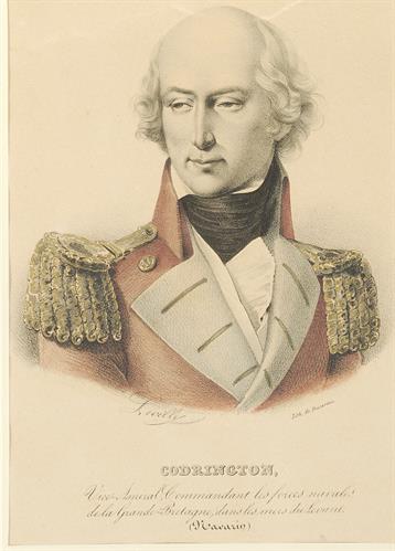 Ο Άγγλος Ναύαρχος Σερ Έντουαρντ Κόδριγκτον, αρχηγός του συμμαχικού στόλου Βρετανών, Γάλλων και Ρώσων στη Ναυμαχία του Ναβαρίνου το 1827. Επιζωγραφισμένη λιθογραφία του Levilly, Παρίσι.