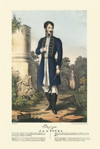 Joseph Balest, Colonel of the first infantry regiment of the Provisional Administration of Greece during the Greek War of Independence. Handpainted lithograph by Adam Friedel from the album &quot;The Greeks. Twenty four portraits of the principal leaders and p