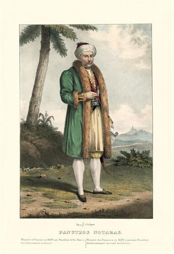 Panoutsos Notaras, Minister of Finance and President of the Executive Body of the Provisional Administration of Greece during the Greek War of Independence. Handpainted lithograph by Adam Friedel from the album &quot;The Greeks. Twenty four portraits of the pr