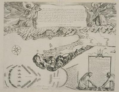 &quot;Plan des Villes, forteresses, passagesscits et terrain que le Turq a pris et occupe a present dans le Royaume de Candie auec la disposition que les deux armees navales tenoient pour le Combat...&quot; Χάρτης της Σούδας στην Κρήτη με παράλληλη απεικόνιση της π