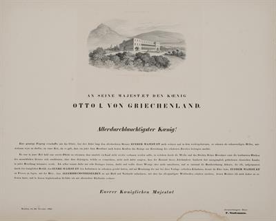 Το Ανάκτορο του Όθωνα στην Αθήνα και κείμενο με αφιέρωση του F. Stademann στον Όθωνα. Λιθογραφία από το λεύκωμα του Ferdinand Stademann &quot;Panorama von Athen&quot;, Μόναχο, 1841.