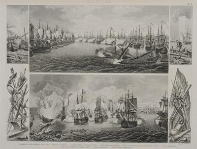 &quot;SEEWESEN&quot;. Depictions of naval battles, eg. the battle of Çeşme (6-7 July 1770) and Navarino. Black and white copper engraving by F.A. Brockhaus, Leipzig.