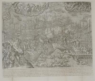 &quot;Insignis hoec estilla navalis pugna quae Non. Octobris MDLXXI ad Echinades in ionio...&quot;. Representation of the conflict between Venetians and Ottoman Turks during the Battle of Lepanto on October 7, 1571. Black and white copper engraving, Io. Bapta. Cava