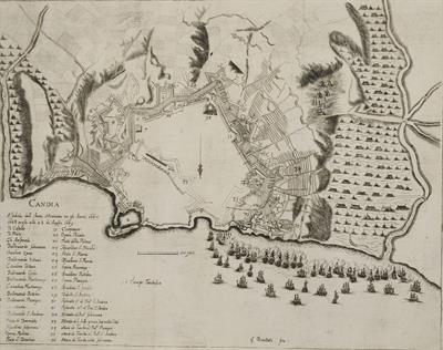 &quot;CANDIA&quot;. View of the city of Heraklion during the siege by the Turks during the 5th Venetian-Turkish War (1645-1669). Black and white copper engraving, G. Bouttats.