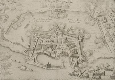 &quot;Metropolis Caneae in Candia a Turcis obs [ess] aa 1645 / Canea vom Turken Belagert a 1645&quot;. Map of the siege of Chania, Crete, by the Turks in 1645, during the 5th Venetian-Turkish War (1645- 1669). Black and white copper engraving
