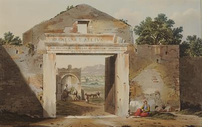 &quot;Entrance of Athens&quot;. Gate of Boubounistra or Gate of Mesogeia at the east walls of Athens. It was on today’s corner of Amalias and Othonos streets in Syntagma Square. Aquatint from the album &quot;Views in Greece&quot; by Edward Dodwell, London, 1821.