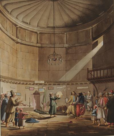 &quot;Dance of the Dervwisches in the Tower of the Winds&quot;. Dance of the Dervishes in the Hydraulic Horologium of Andronikos Kyrrhestes (also known as the Tower the Winds), which served as a place of worship. Aquatint from the album &quot;Views in Greece&quot; by Edward 