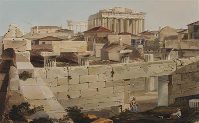 &quot;View of Parthenon from the Propylaea&quot;. The commander of the fortress of the Acropolis of Athens (Disdar Agha) is depicted sitting on the ground. Aquatint from the album &quot;Views in Greece&quot; by Edward Dodwell, London, 1821.