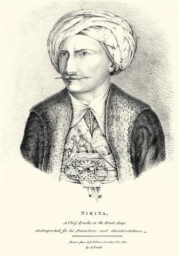 Nikitas Stamatelopoulos, known as Nikitaras, chief leader of the Greek forces during the Greek War of Independence. Lithograph by Adam Friedel from the album &quot;The Greeks. Twenty four portraits, (in four parts of six portraits each), of the principal leade