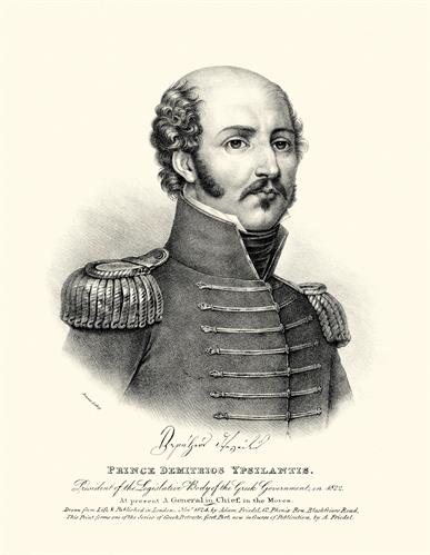 Demetrios Ypsilantis, president of &quot;Vouleftiko&quot; (Parliament) of the Provisional Administration of Greece during the Greek War of Independence. Lithograph by Adam Friedel from the album &quot;The Greeks. Twenty four portraits of the principal leaders and person