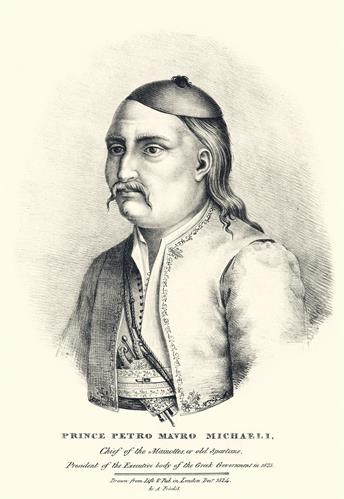Petrobey Mavromichalis, President of the Executive Body of the Provisional Administration of Greece during the Greek War of Independence. Lithograph by Adam Friedel from the album &quot;The Greeks. Twenty-four portraits, (in four parts of six portraits each), 