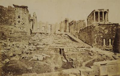 General view of the entrance of the Acropolis of Athens from Beulé Gate. Photograph.