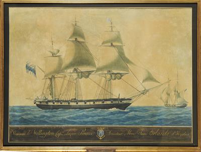 The ship &quot;Wellington&quot; of I. Orlandos. Aquarelle by Antoine Roux, 1820.