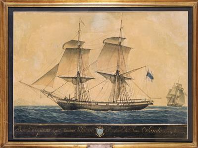Το πλοίο &quot;Ποσειδών&quot; του Ι. Ορλάνδου. Υδατογραφία του Antoine Roux, 1820.