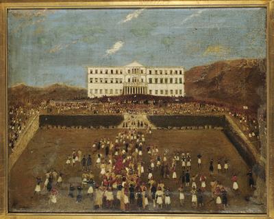 Επανάσταση 3ης Σεπτεμβρίου 1843: Η συγκέντρωση στην πλατεία των Ανακτόρων (μετά την επανάσταση η πλατεία μετονομάστηκε σε πλατεία Συντάγματος). Ελαιογραφία σε μουσαμά του F.C. Hackenwill.