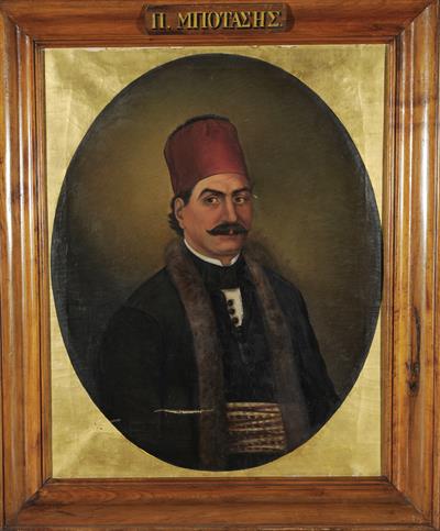 Προσωπογραφία του Παναγιώτη Μπότσαρη, ελαιογραφία σε μουσαμά του Διονυσίου Τσόκου, 1860.