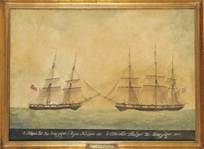 Τα πλοία &quot;Αγ. Νικόλαος&quot; και &quot;Ποσειδών&quot; της οικογένειας Χατζηανάργυρου. Υδατογραφία του Antoine Roux, 1820.