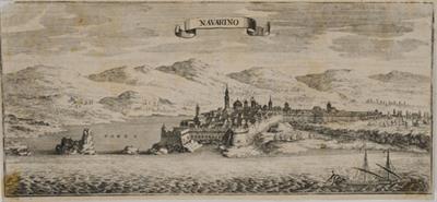 &quot;NAVARINO&quot;. Άποψη του Ναυαρίνου. Ασπρόμαυρη χαλκογραφία.