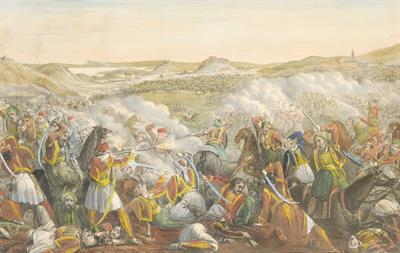 Πολεμική σκηνή από την Ελληνική Επανάσταση: Η Μάχη του Αναλάτου κατά το 1827 στην Αθήνα. Χρωμολιθογραφία του Αλέξανδρου Ησαΐα, [Βενετία, 1839].