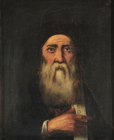 Προσωπογραφία του Γ. Παχυμέρη (c. 1242-1310), ελαιογραφία σε μουσαμά του Αυγούστου Πικαρέλλη, 1890.