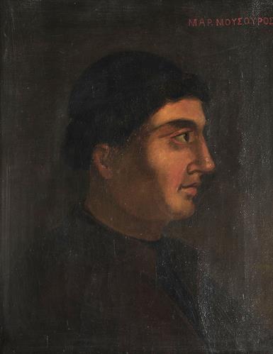 &quot;Μαρ. Μουσούρος&quot;, Προσωπογραφία του Μάρκου Μουσούρου (c. 1470-1517), ελαιογραφία σε μουσαμά του Αυγούστου Πικαρέλλη.