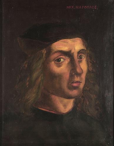&quot;Μιχ. Μαρουλός&quot;, Προσωπογραφία του Μιχαήλ Μαρουλού Ταρχανιώτη (-1500), ελαιογραφία σε μουσαμά του Αυγούστου Πικαρέλλη.