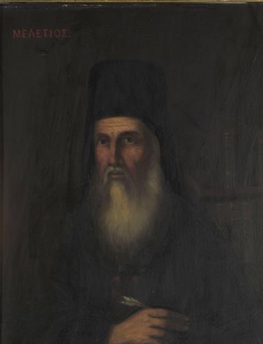 &quot;Μελέτιος&quot;, Προσωπογραφία του Μελετίου του Γεωγράφου (1661-1714), ελαιογραφία σε τσίγκο του Αυγούστου Πικαρέλλη.