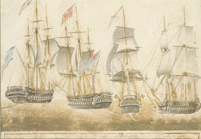 Οι Ναυαρχίδες των Ελλήνων και των τριών Μεγάλων Δυνάμεων στη Ναυμαχία του Ναυαρίνου (1827). Υδατογραφία.