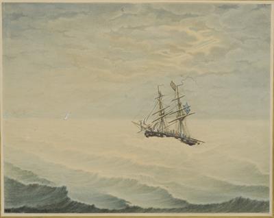 &quot;ANCONA den 5 April 1834&quot;, πλοίο έξω από την Ανκόνα της Ιταλίας. Υδατογραφία του Α. Haubenschmid, 1834.