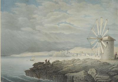 &quot;PARKIA Stadf mit Hafen an der nordwestkuste der Inset Paros&quot;, η Παροικιά της Πάρου. Υδατογραφία του Α. Haubenschmid, 1833.