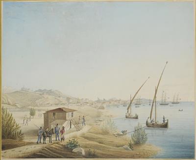 &quot;PATRASS 1834/ am 5 mi f.. Martz&quot;, το λιμάνι της Πάτρας. Υδατογραφία του Α. Haubenschmid, 1834.