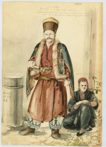 Ο τάταρος του Αλή Πασά &quot;στην υπηρεσία του στρατηγού Adam&quot; και ο νεαρός υπηρέτης του στην Αθήνα, υδατογραφία του Γεράσιμου Πιτζαμάνου, 1818/1820.