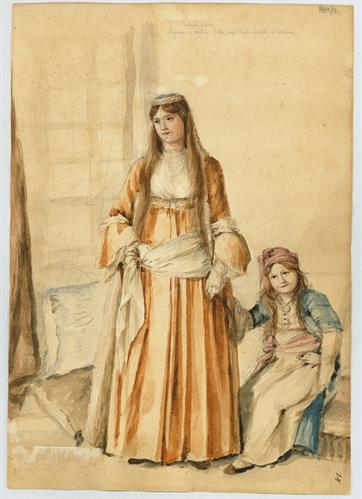Αθηναία αρχόντισσα με την κορούλα της, του Γεράσιμου Πιτζαμάνου, υδατογραφία σε χαρτί, 1818/1820.