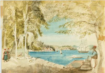 Άποψη ακτών Βοσπόρου από το λιμάνι του θερέτρου Μπεμπέκ, του Γεράσιμου Πιτζαμάνου, 1818/1820.
