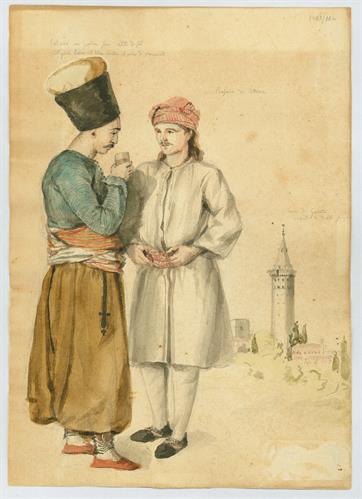 Τάταρος &quot;που πίνει κρασί&quot; και χωρικός από την Αθήνα. Ο Πύργος του Γαλατά, του Γεράσιμου Πιτζαμάνου, υδατογραφία, 1818/1820.