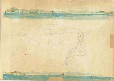 Πανοραμικές απόψεις ακτών στη θάλασσα του Μαρμαρά. Άποψη στενών του Βοσπόρου με νεαρό άνδρα, του Γεράσιμου Πιτζαμάνου, 1818/1820.