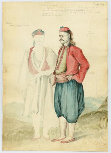 Αλβανός φρουρός και Έλληνας από τη Μάνη &quot;που επιθυμεί να επισκεφθεί την Ακρόπολη&quot;, του Γεράσιμου Πιτζαμάνου, υδατογραφία σε χαρτί, 1818/1820.