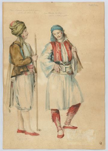 Τούρκος τοπτσής (κανονιοβολητής) και Τουρκαλβανός φρουρός, &quot;που κατοικούν στο κάστρο της Αθήνας&quot;, μολύβι και υδατογραφία σε χαρτί του Γεράσιμου Πιτζαμάνου, 1818/1820.