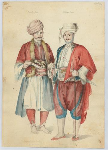 Ο Οσμάν Πασά Κούρτ, Τούρκος από τα Γιάννενα και ο Δερβής Αγά, Τούρκος από τη Θήβα, του Γεράσιμου Πιτζαμάνου, υδατογραφία σε χαρτί, 1818/1820.