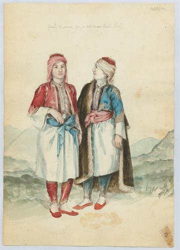 Νεαροί αρβανίτες στο χαρέμι του Βελή Πασά, του Γεράσιμου Πιτζαμάνου, υδατογραφία σε χαρτί, 1818/1820.